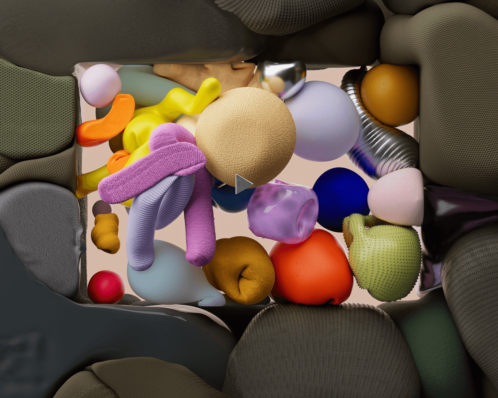 Vibrant 3D rendering of colorful geometric shapes arranged in an abstract layout.