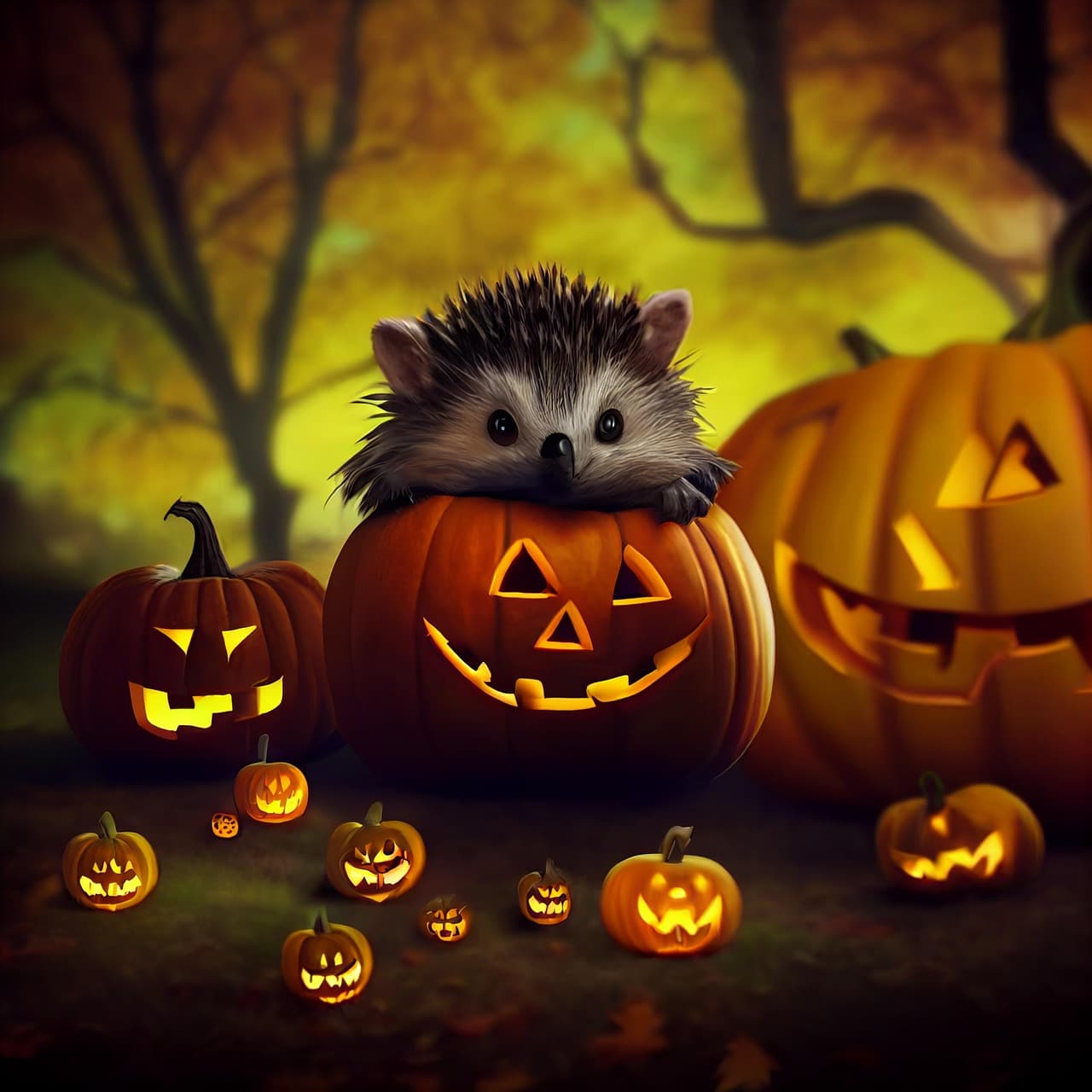 hedgehog, halloween, jack o' lanterns, pumpkin lanterns, adorable, horror