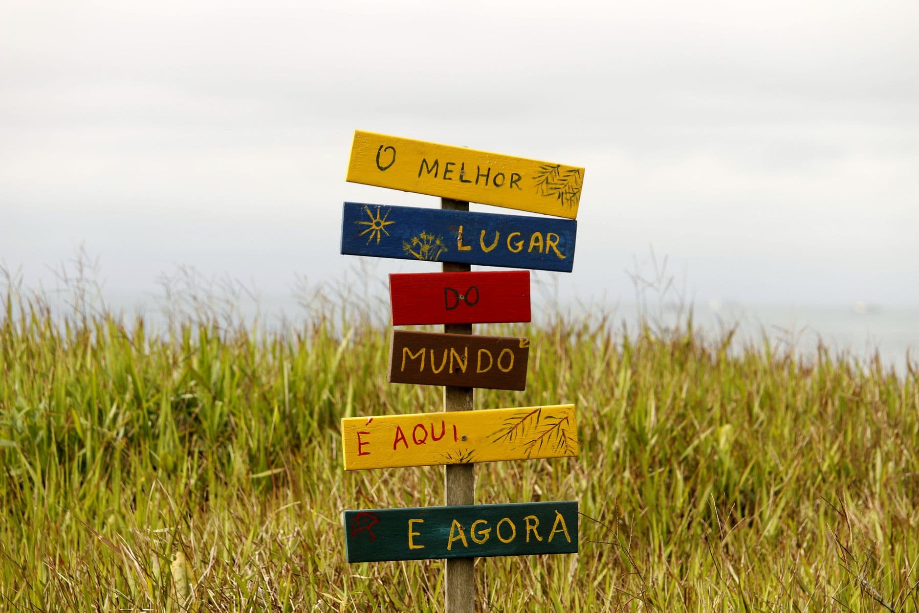 Vibrant multilingual sign in a grassy field in Guaratuba, Paraná, Brazil, showcasing local charm.